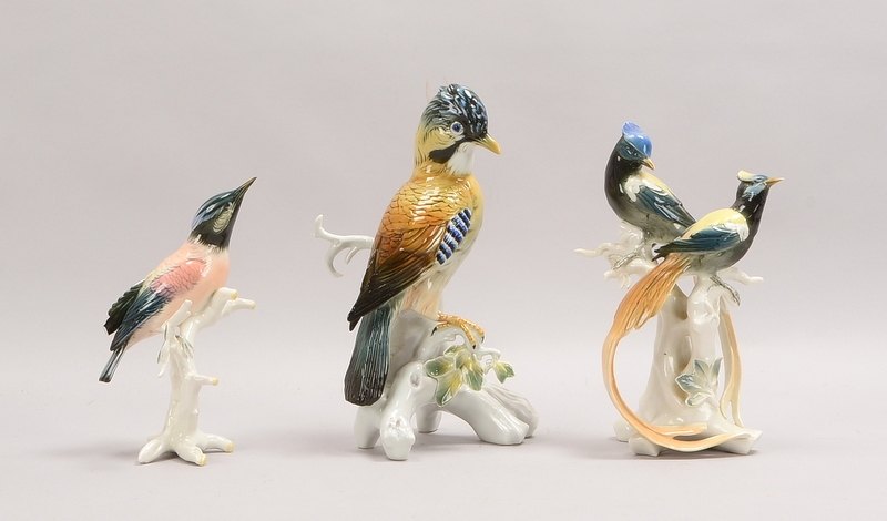 Karl Ens/Volkstedt (Signaturmarke/Mühlenmarke), kleines Porzellanfiguren-Konvolut, 3 Vogelfiguren ('