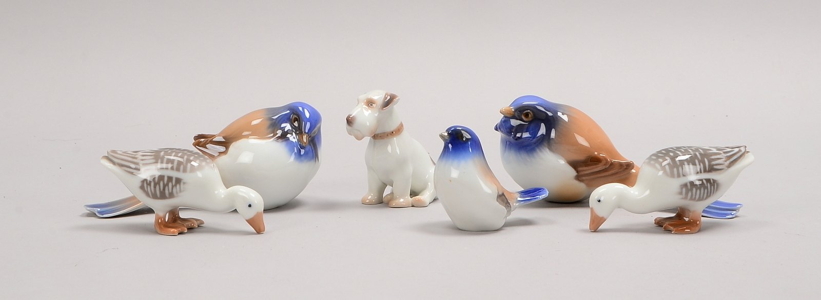 Bing & Grøndahl, 6 Porz.-Figuren: 5x Vogelfiguren/1 Hundefigur; Höhe bis 7 cm
