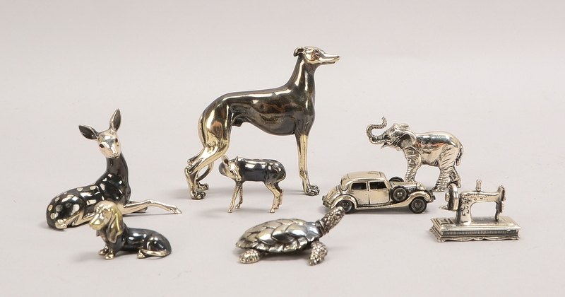 Kleines Miniaturfiguren-Sammlerkonvolut, Silber, verschiedene Ausführungen, 8 Stück: 6x Tierfiguren,