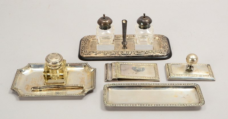 Schreibtischgarnituren-Sammlerkonvolut, Silber und Silber-Montierung, 3 Stück/davon 2x mit Glas-Tint
