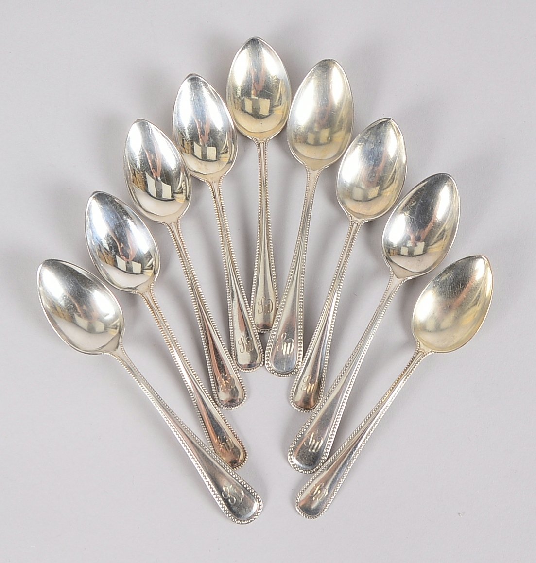 Robbe & Berking, Satz Eislöffel/Dessertlöffel, 800 Silber, Dekor 'Königskordel', monogrammiert, 9 St