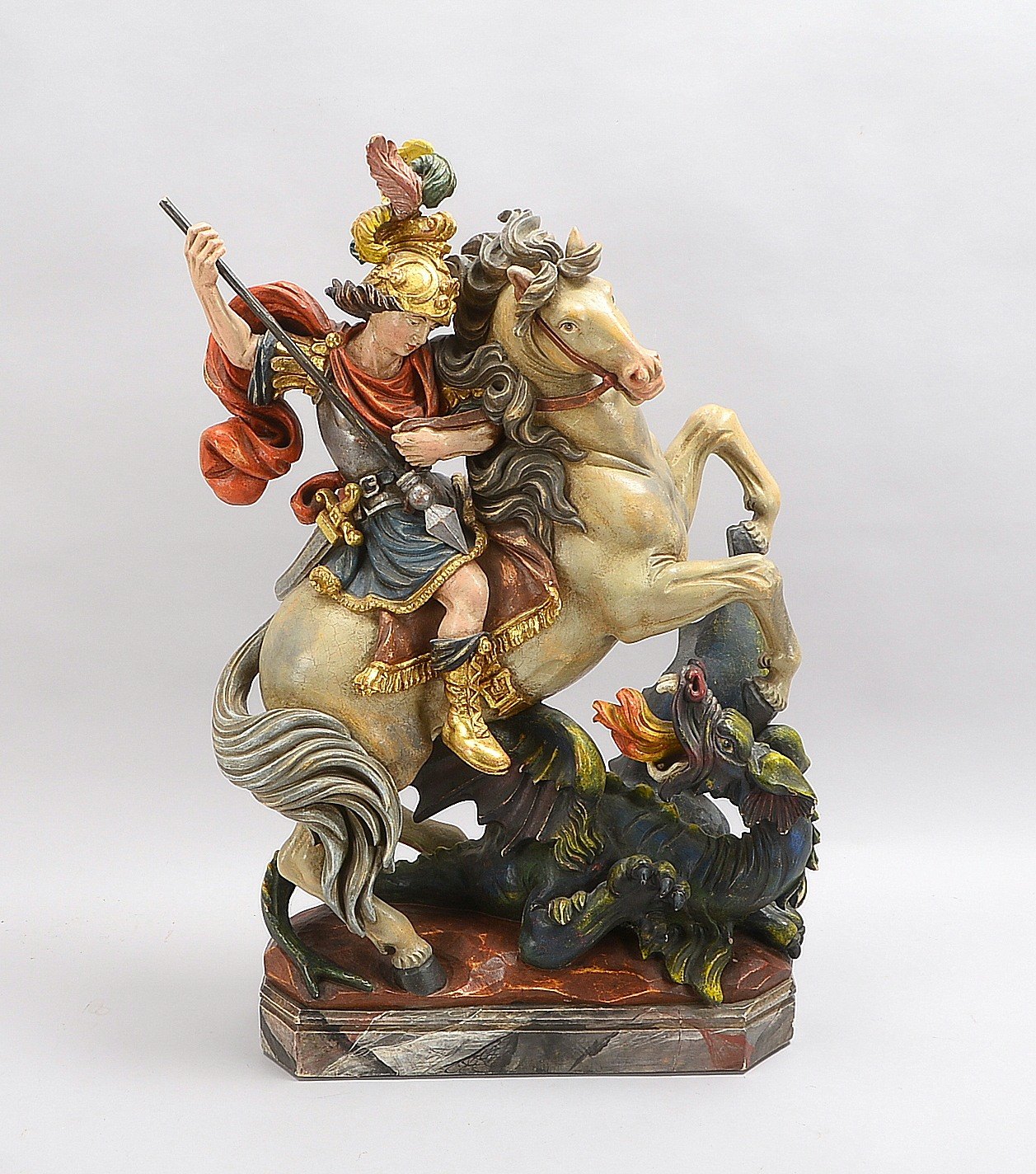 Sakrale Holzskulptur, 'Heiliger Georg', Holz geschnitzt, in klassischer Ausführung, Figur polychrom