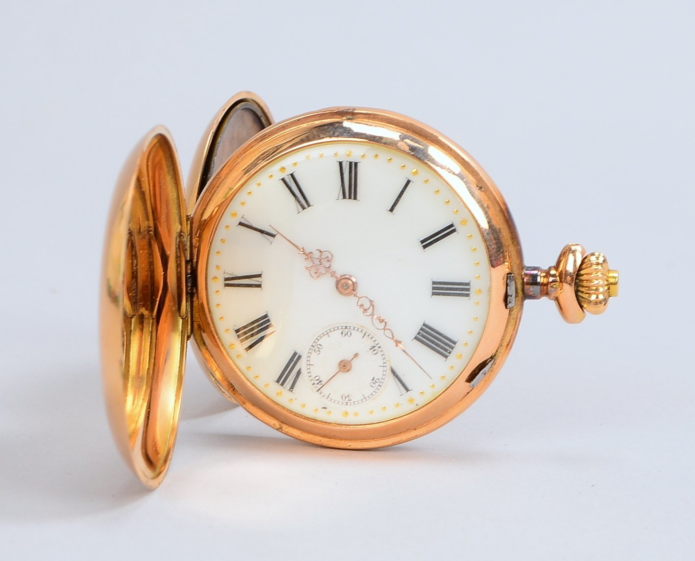 Taschenuhr (Schweiz), 585 RG (gestempelt), mit Metall-Staubdeckel, '15 Steine', weißes Zifferblatt m