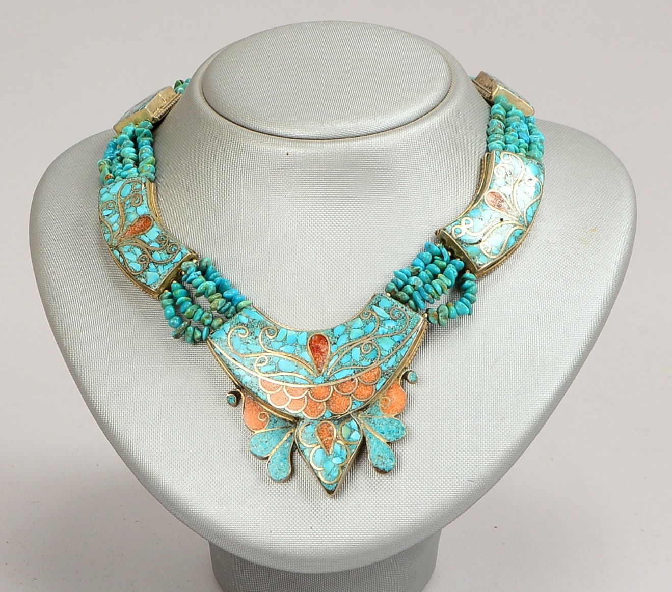 Collier (Mexiko - feine Handarbeit), 4-strängig, Stränge durch Zwischenelemente mit Einlegearbeiten