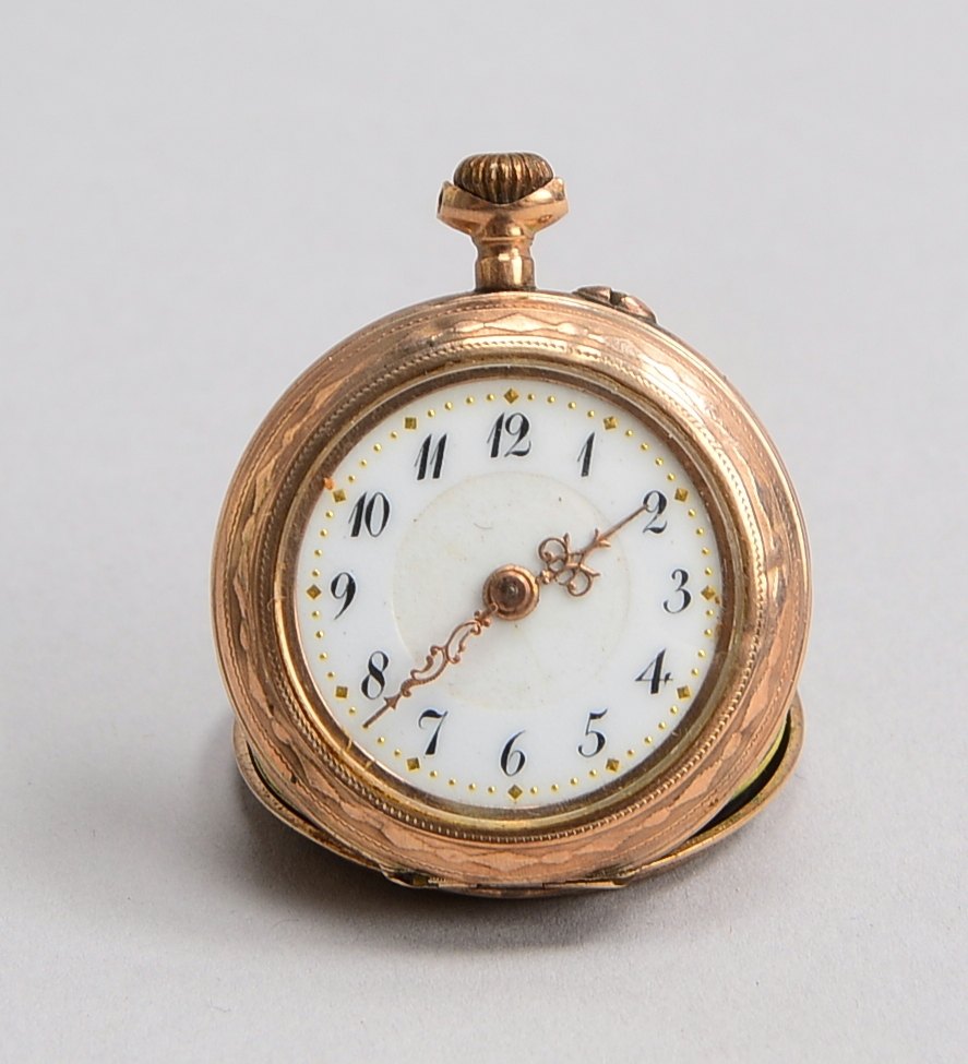 Kleine Damentaschenuhr, 585 RG-Gehäuse, mit Metall-Staubdeckel - Uhr defekt!; Durchmesser Ø 28 mm, G