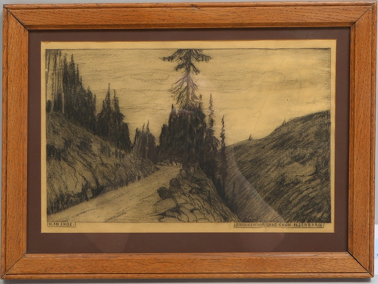 am Ende, Hans (1814 Trier - 1918 Stettin), 'Brockenstraße von Ilsenburg', Kohlezeichnung, unten link