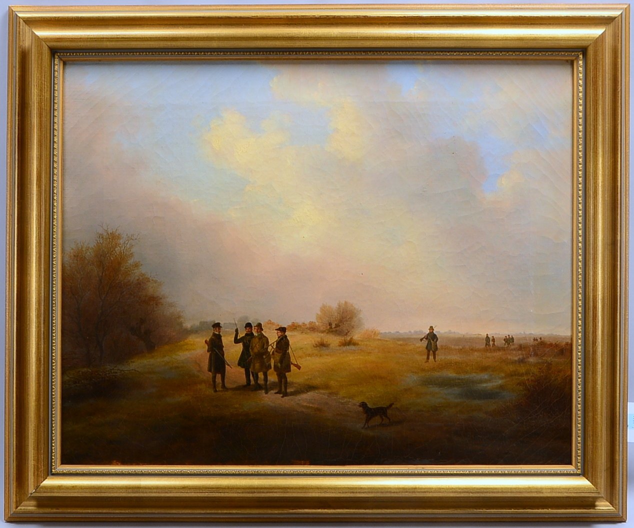 Gemälde (Anfang 19. Jahrhundert), 'Jagdgesellschaft in weiter Landschaft', Öl/Lw, unsigniert (soweit