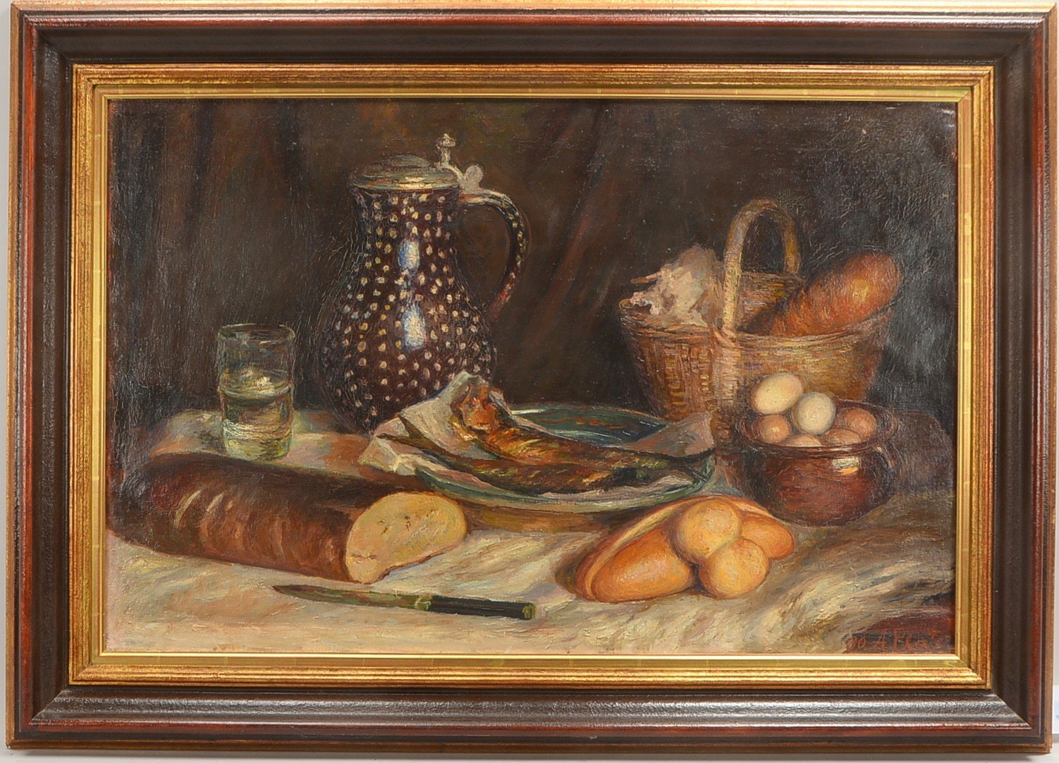 Plate, Anna (1871 Bremen - 1941 Löbichau), 'Tischstillleben mit Hering, Brot und Eiern', Öl/Lw, unte