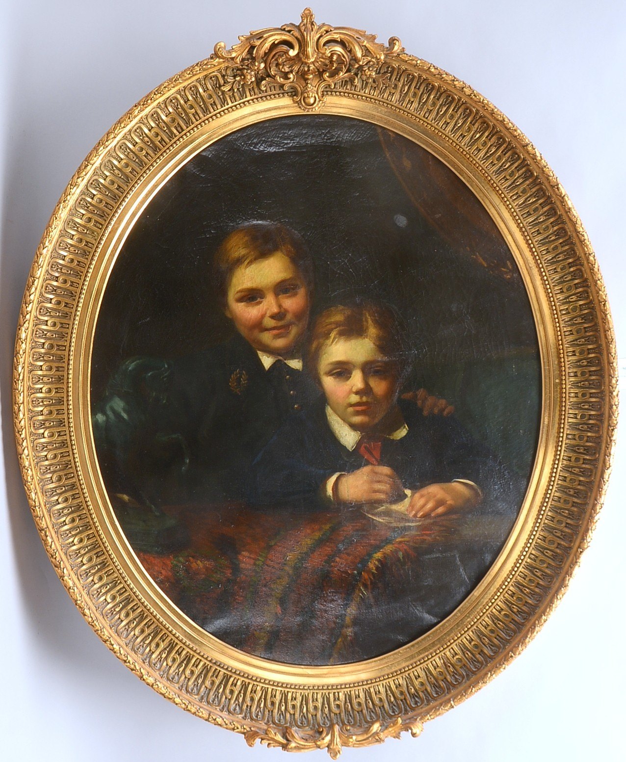 Gemälde, 'Geschwisterpaar', Öl/Lw, unsigniert, im ovalem Prunkrahmen; Bildmaße 82 x 100 cm/Falzmaße