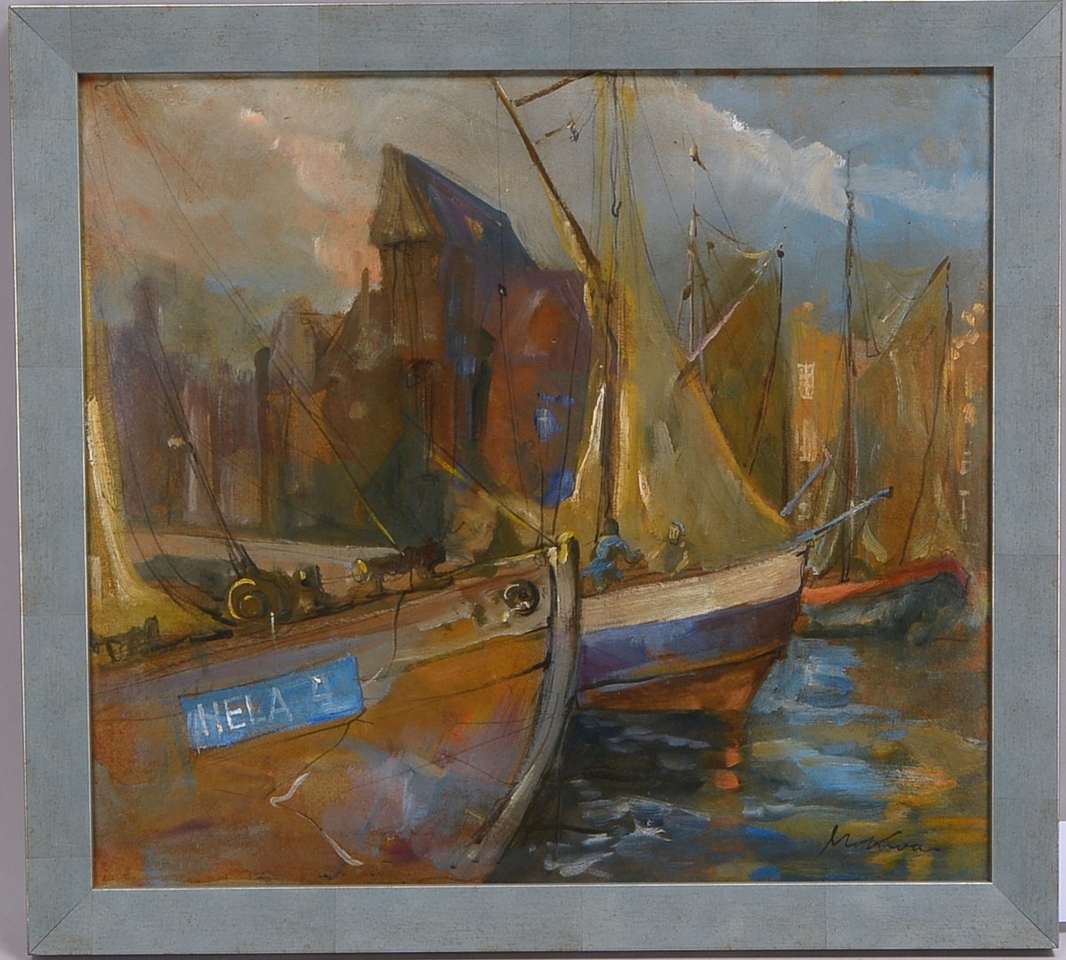Mokwa, Marian (1889 Malary - 1987 Sopot), 'Boote in Danzig', Öl auf Malpappe/gerahmt, unten rechts s