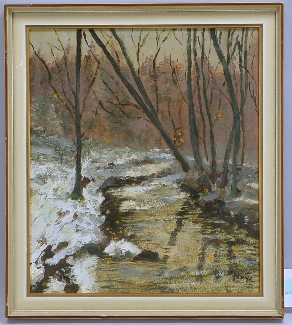 Huys, Bernhard (1895 - 1973 Worpswede), 'Winterliche Bachlandschaft', Öl auf Holzplatte, unten recht