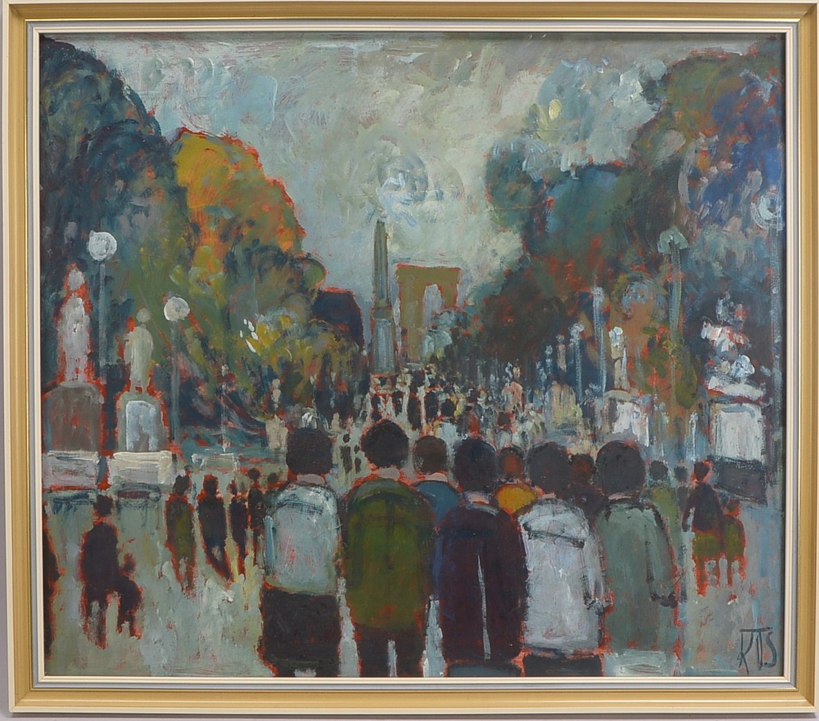 Monogrammist KTS, 'Belebte Straßenszene', Gouache auf Karton, unten rechts monogrammiert, hinter Gla