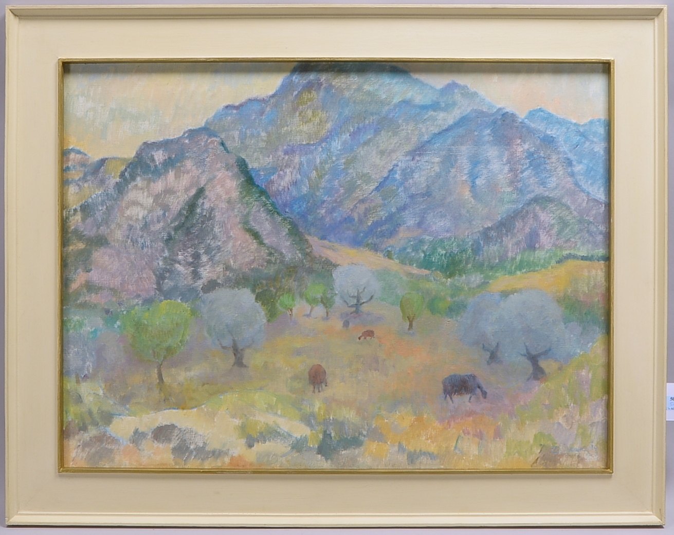 Gemälde, 'Schafe in Hügellandschaft', Öl/Lw, unten rechts (nicht eindeutig leserlich) signiert; Bild
