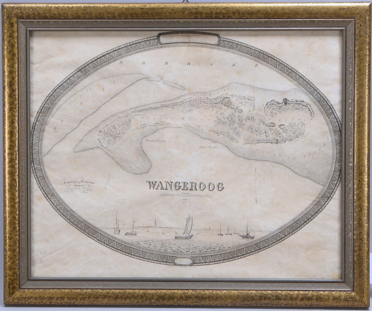 Historische Landkarte, 'Wangerooge', Stich gez. 'Hase', hinter Glas gerahmt; Rahmenmaße 53 x 64 cm