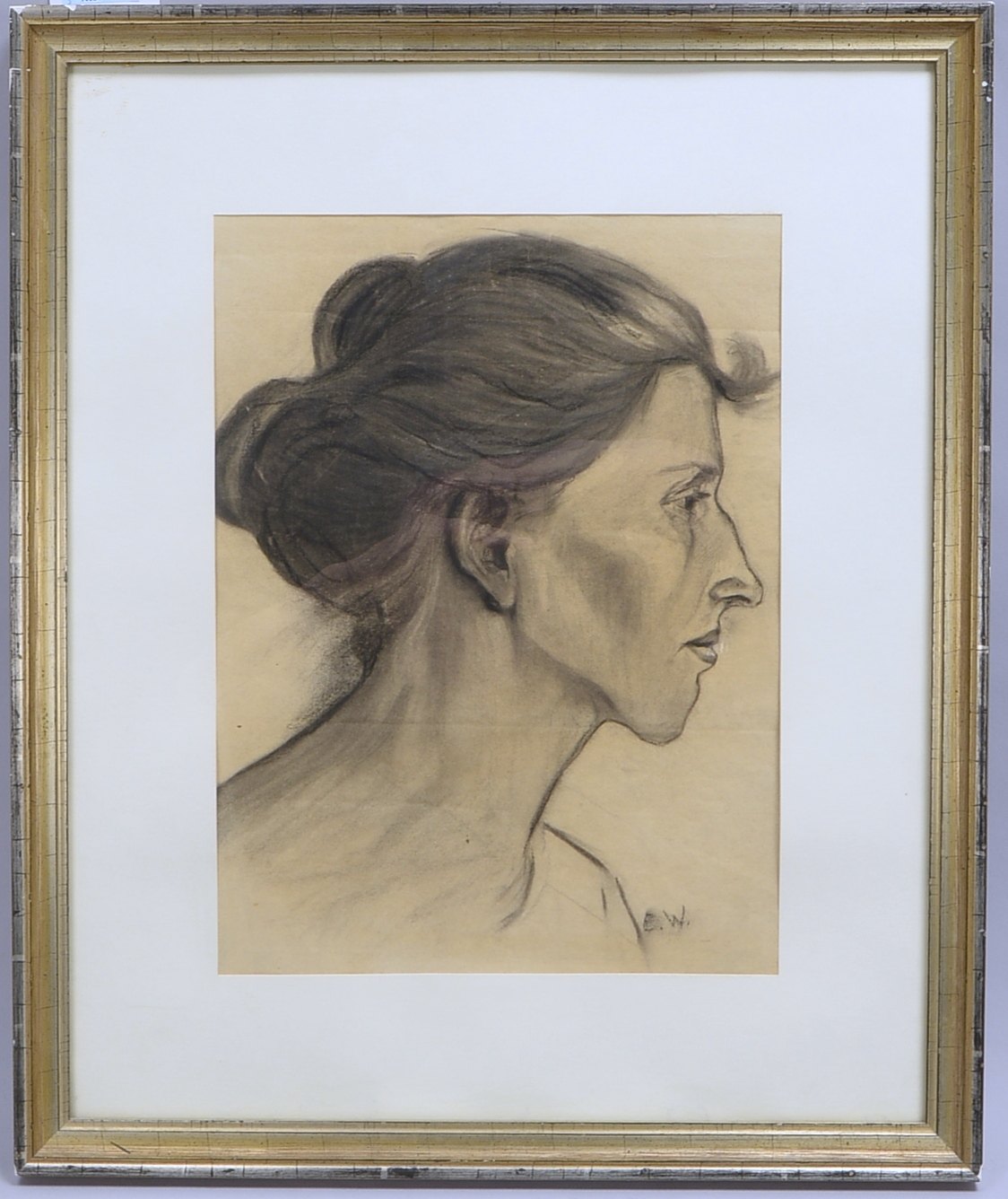 Monogrammist E.W., 'Seitenportrait einer Dame', Kohlezeichnung, unten rechts monogrammiert; Rahmenma