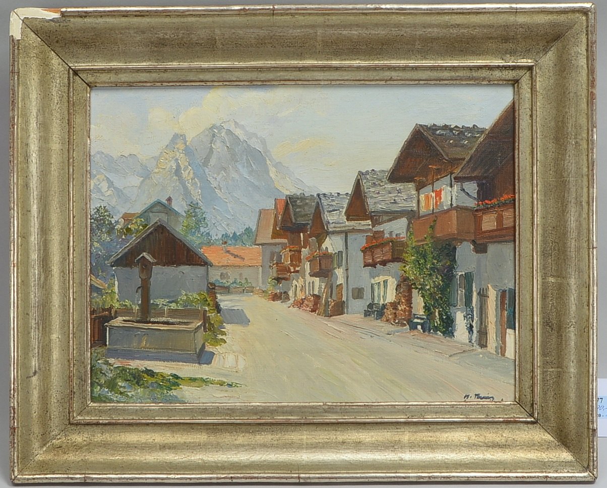 Theis, Heinz, Dorfstraße in Garmisch-Part., Öl/Lw, sign.; Rahmenmaße 42,5 x 52,5 cm