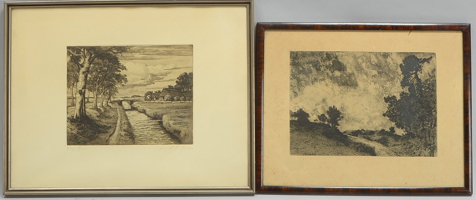 2 Radierungen, Worpsw. Landschaften: Martin P. Müller/Fritz Overbeck; jeweils gerahmt