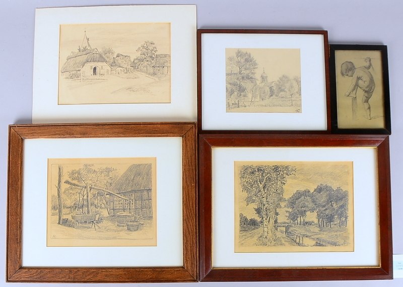 Feldhusen, Anna (1867 - 1951 Bremen), kleines Grafikkonvolut, 5 Bleistiftzeichnungen: 4x 'Worpsweder