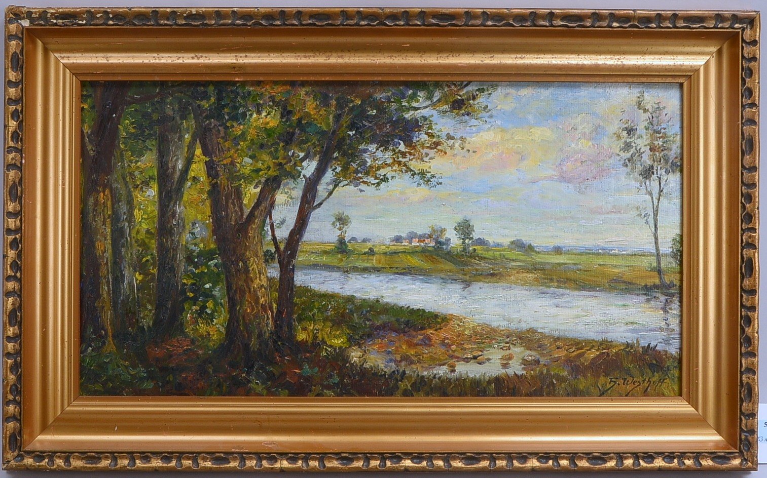 Westhoff, H., 'Flusslandschaft', Öl auf Malkarton/gerahmt, unten rechts signiert; Bildmaße 30 x 56 c