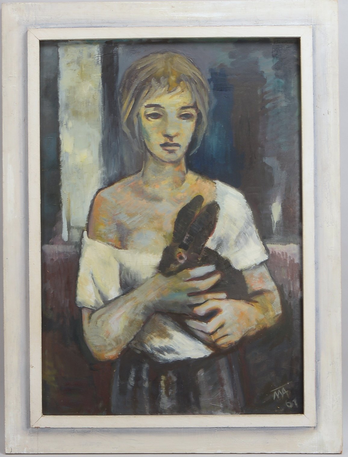 Arnold, Martin (1906 - 1965 Weingarten), 'Junge Frau mit Hase', Öl auf Hartfaser/gerahmt, unten rech