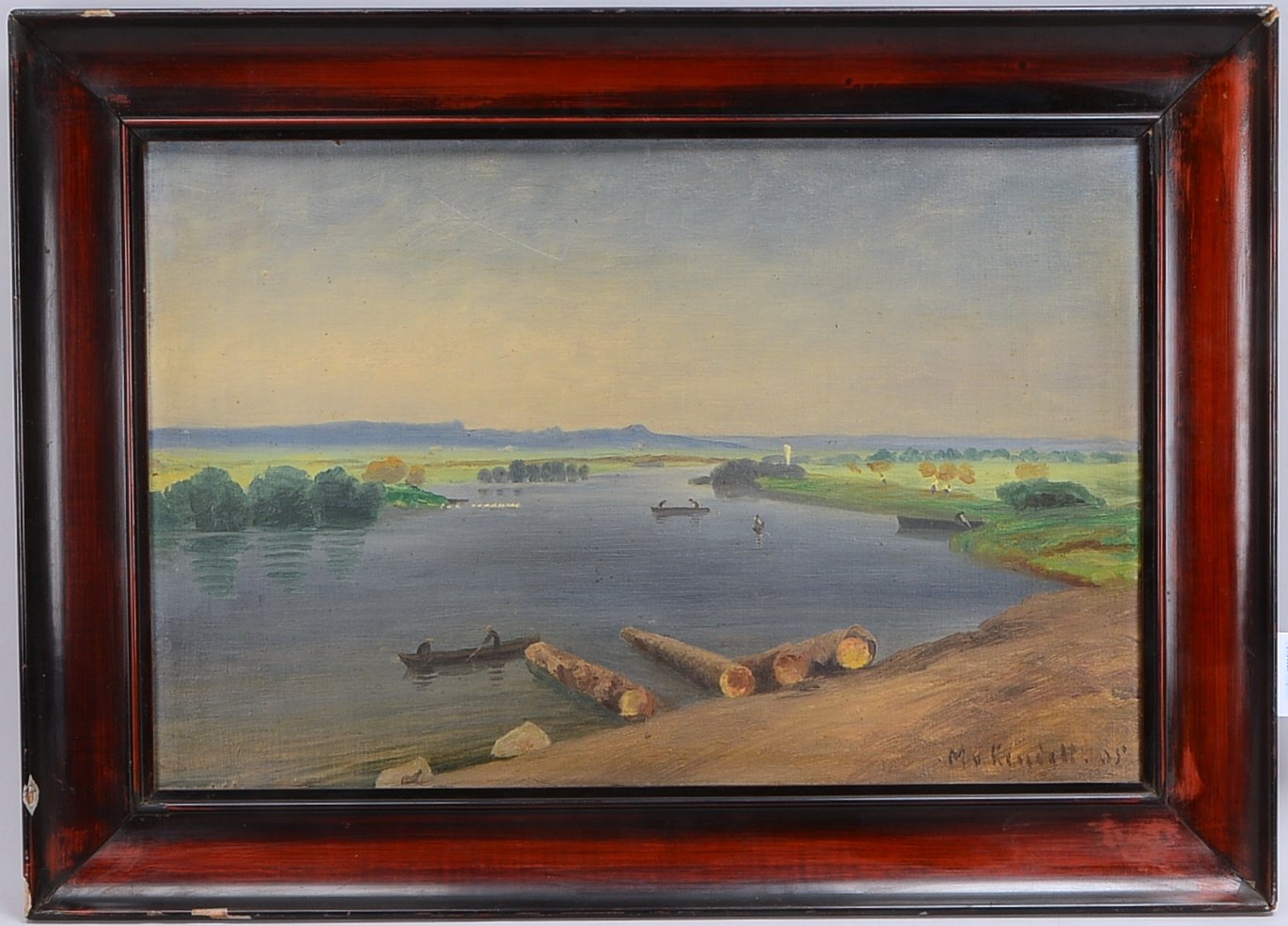 von Keudell, Maria (1838 Launingken - 1918 Berlin), 'Flößer am Wasser', Öl/Lw, auf Malpappe gezogen/