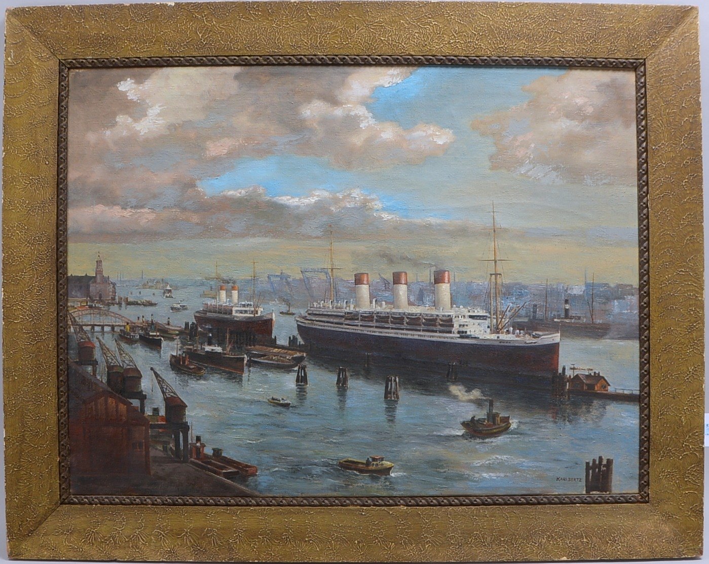 Bertz, Karl (um 1920/1930), 'Hafenansicht mit Passagierdampfer', Öl/Lw, unten rechts signiert; Bildm