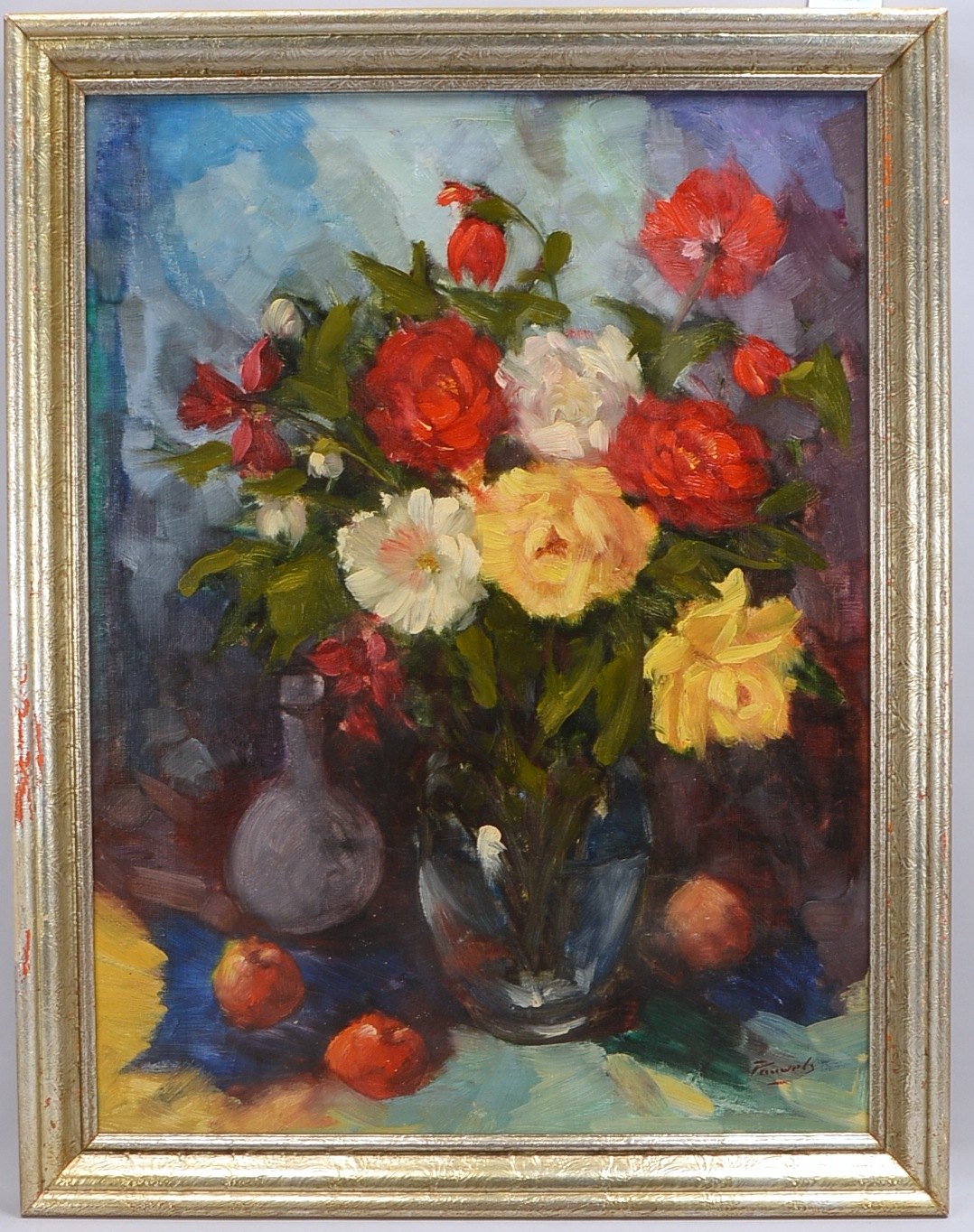 Gemälde, 'Blumenstillleben mit Flasche und Äpfel', Öl/Lw, unten rechts signiert 'Pauwels'; Bildmaße