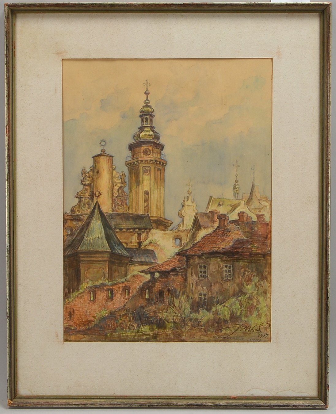 Aquarell, 'Bernhardiner Kirche, Lemberg' - Lwiw/Ukraine, Aquarell auf Bleistiftzeichnung, unten rech
