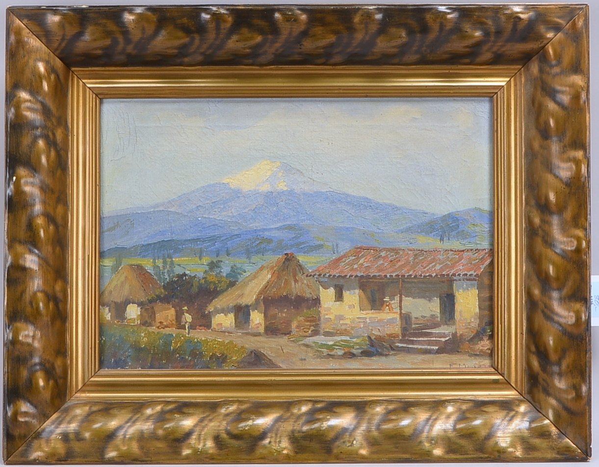 Moncayo, Emilio (1895 - 1970 Ecuador), 'Dorf vor schneebecktem Vulkan', Öl/Lw, unten rechts signiert