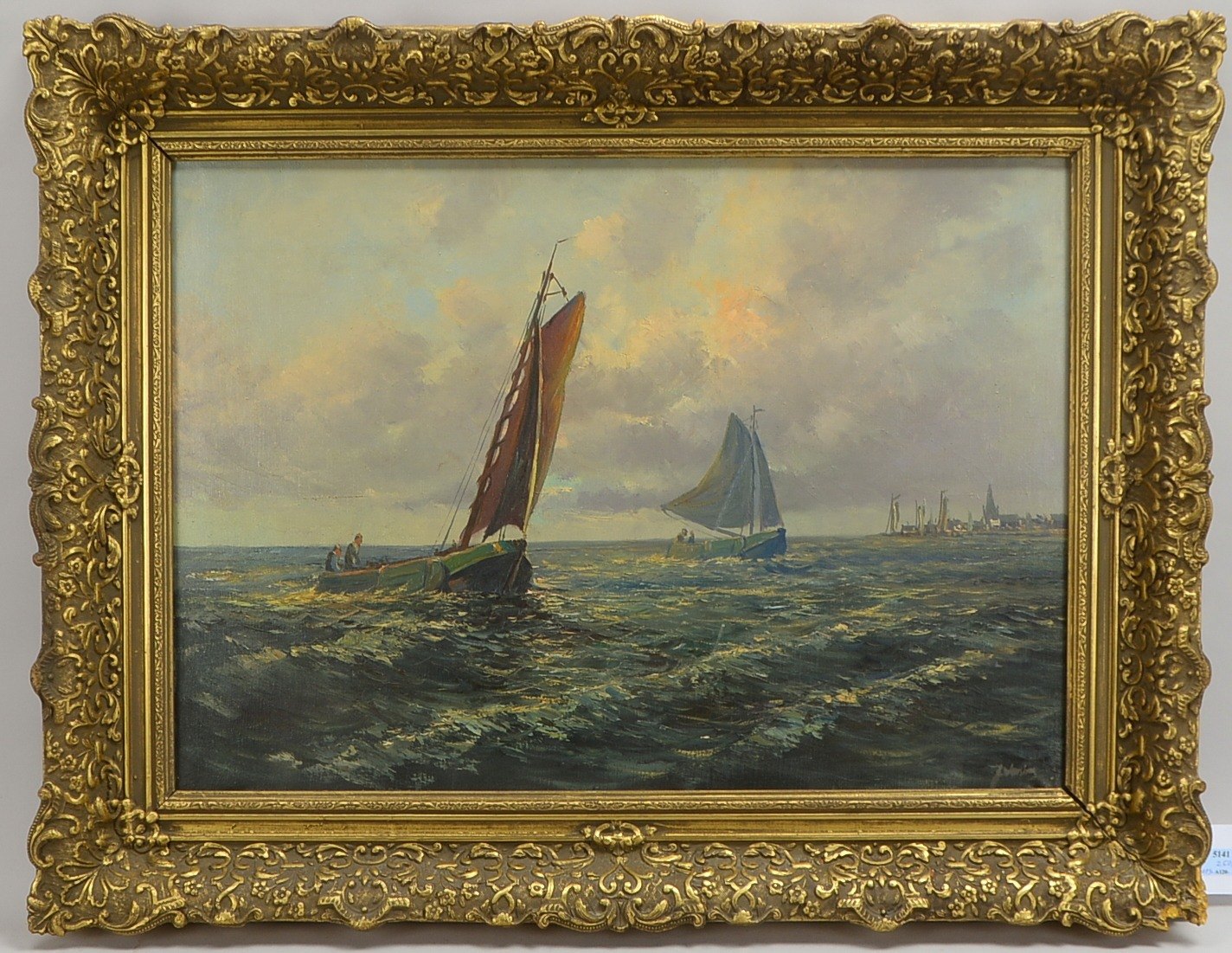 Maritimes Gemälde, 'Zwei Segelschiffe vor Küstenstadt', Öl/Lw, unten rechts (nicht eindeutig leserli
