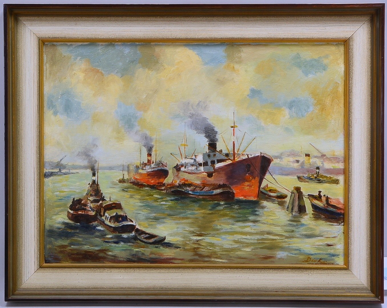 Gemälde (1950er Jahre), 'Hafenszene - Zwei Frachtschiffe', Öl auf Platte/gerahmt, unten rechts (nich