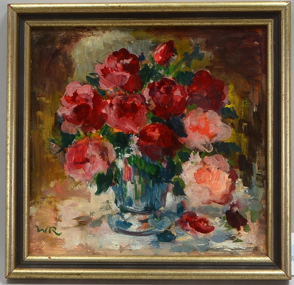 Monogrammist WR, 'Blumenstillleben', Öl auf Malkarton, unten links monogrammiert; Bildmaße 30,5 x 31