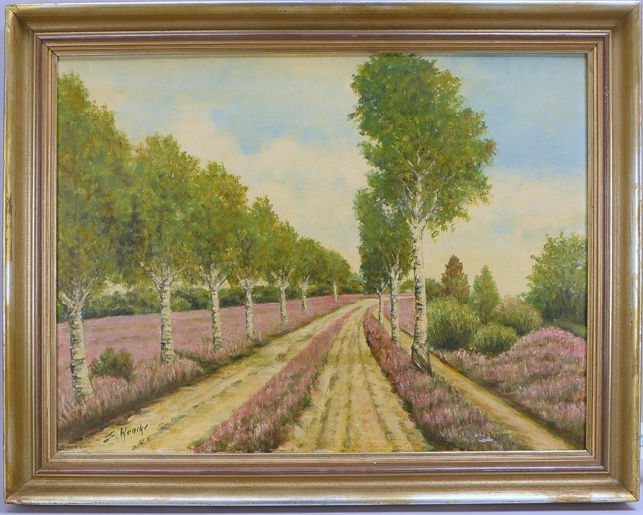 Wencke, Sophie (1874 Bremerhaven - 1963 Worpswede); 'Sommerliche Heidelandschaft mit Birkenallee' -