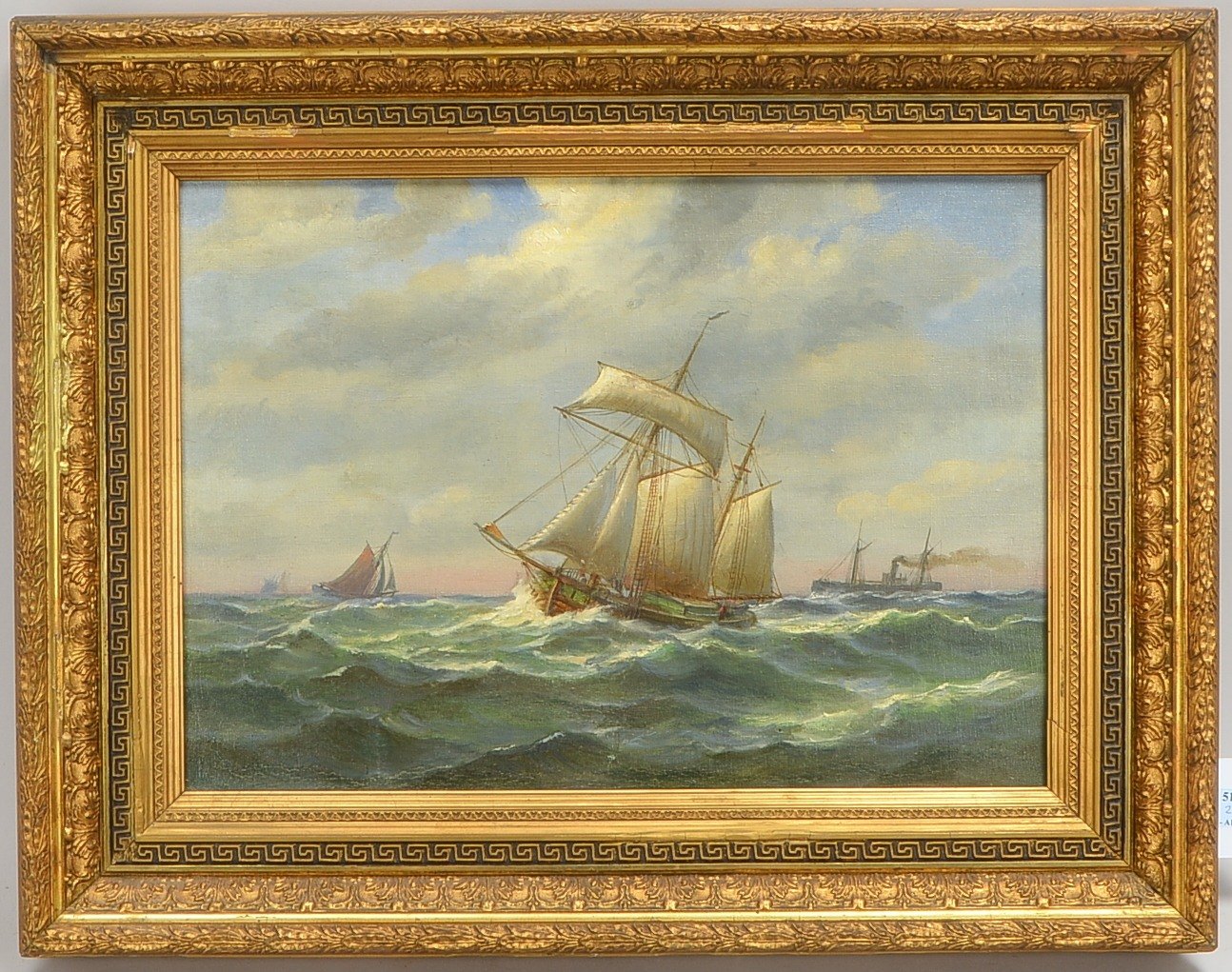 Maritimes Gemälde (wohl 19. Jahrhundert), 'Schiffe auf hoher See', Öl/Lw, unsignirt, im Prunkrahmen