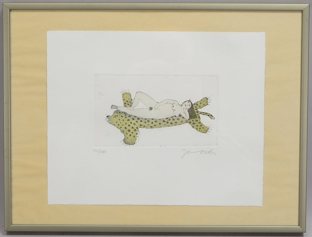 Janosch (alias Horst Eckert, *1931 Zabrze), 'Akt auf geflecktem Tier', Farbradierung, Auflage-Nr. '5