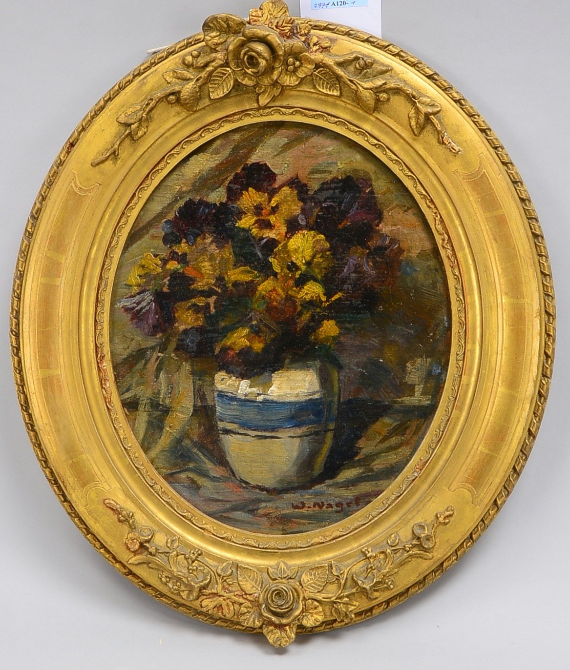Nagel, Wilhelm (1866 Mannheim - 1945 Baden-Baden), 'Stiefmütterchen im Topf', Öl auf Malpappe, unten