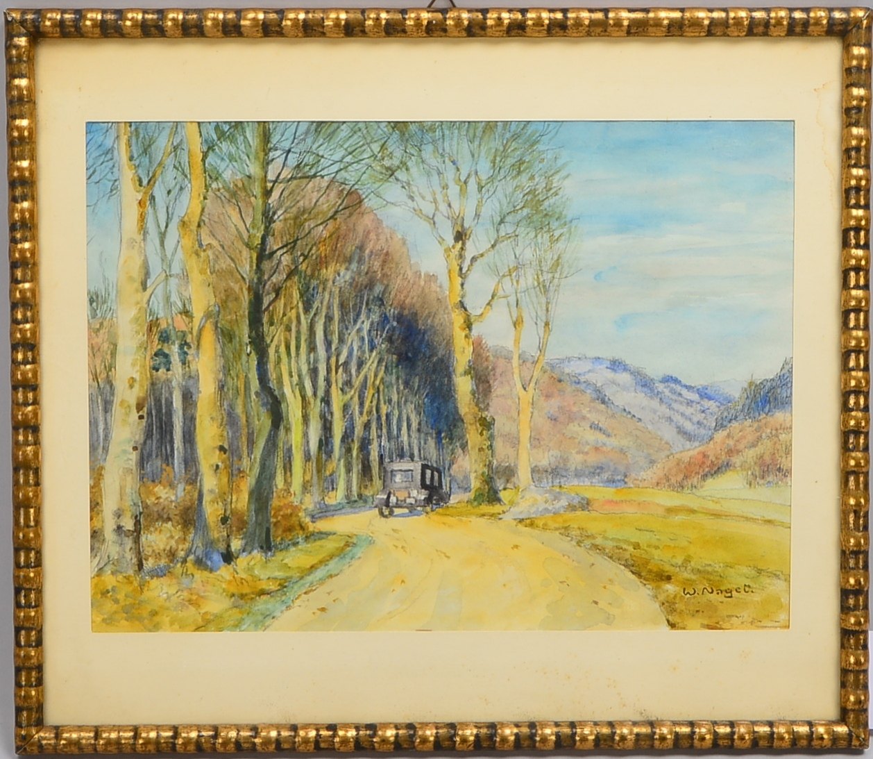 Nagel, Wilhelm (1866 Mannheim - 1945 Baden-Baden), 'Oldtimer auf dem Weg', Aquarell auf Papier, unte