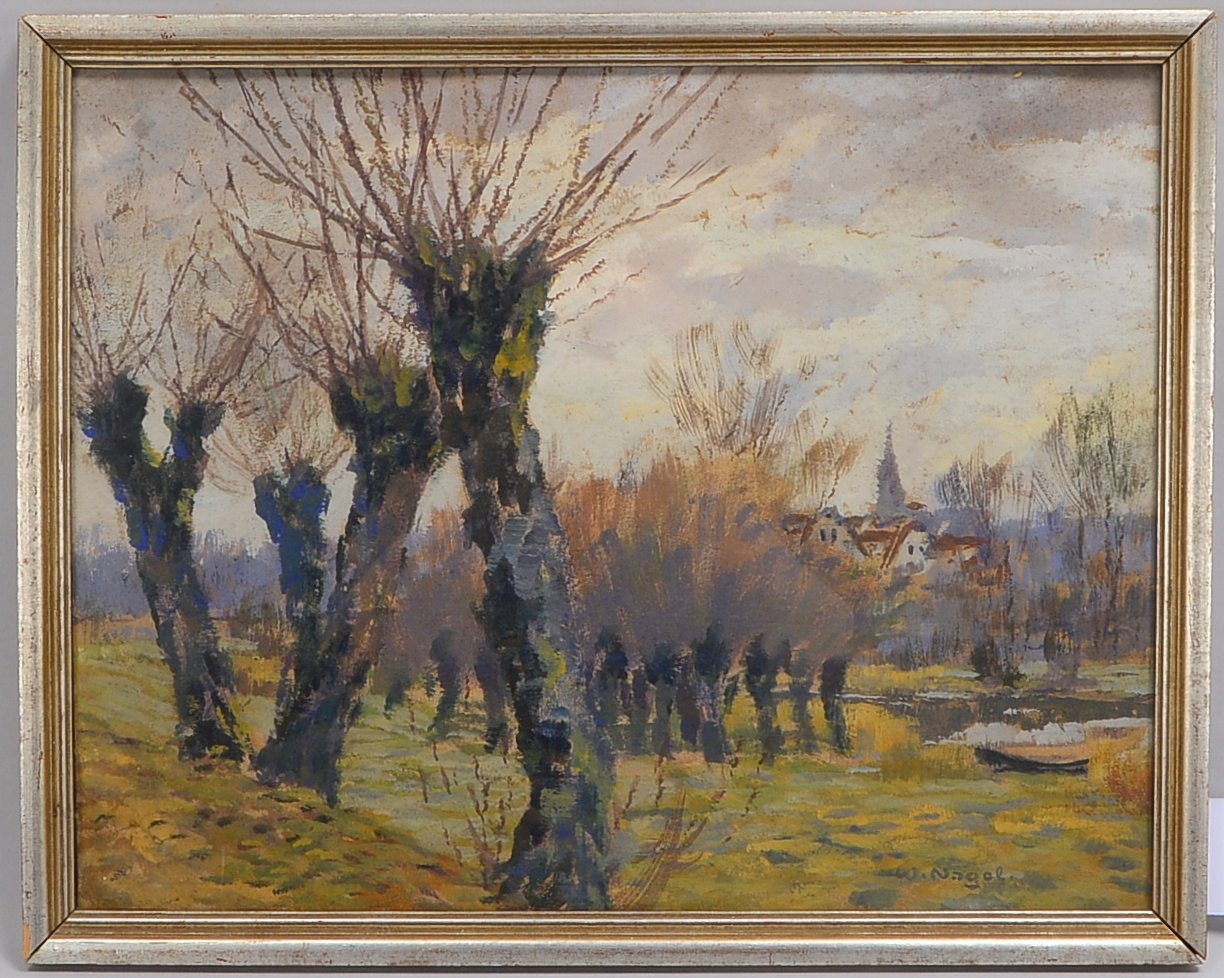 Nagel, Wilhelm (1866 Mannheim - 1945 Baden-Baden), 'Kopfweiden vor Ortschaft', Aquarell auf Papier,
