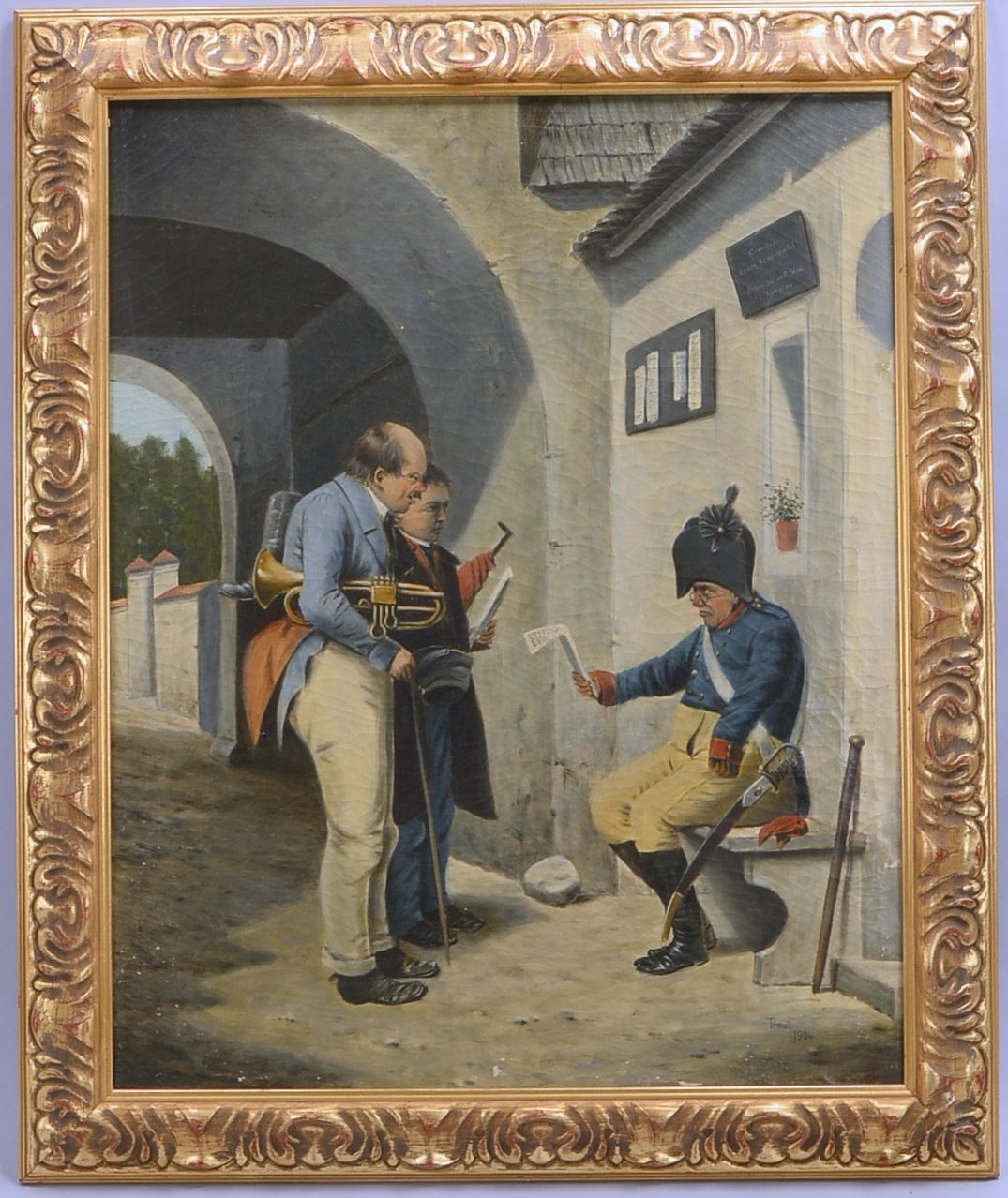 Gemälde, 'Straßenmusiker in Krähwinkel', Öl/Lw, unten rechts signiert 'Tranc' und datiert '1904', ve