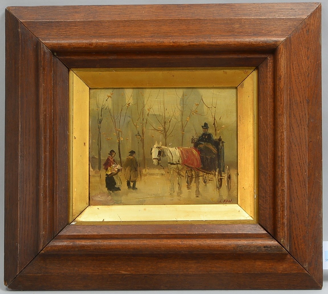 Apol, Louis (1850 - 1936 Den Haag), 'Kutschfahrt', Öl auf Holz/gerahmt, unten rechts signiert; Bildm