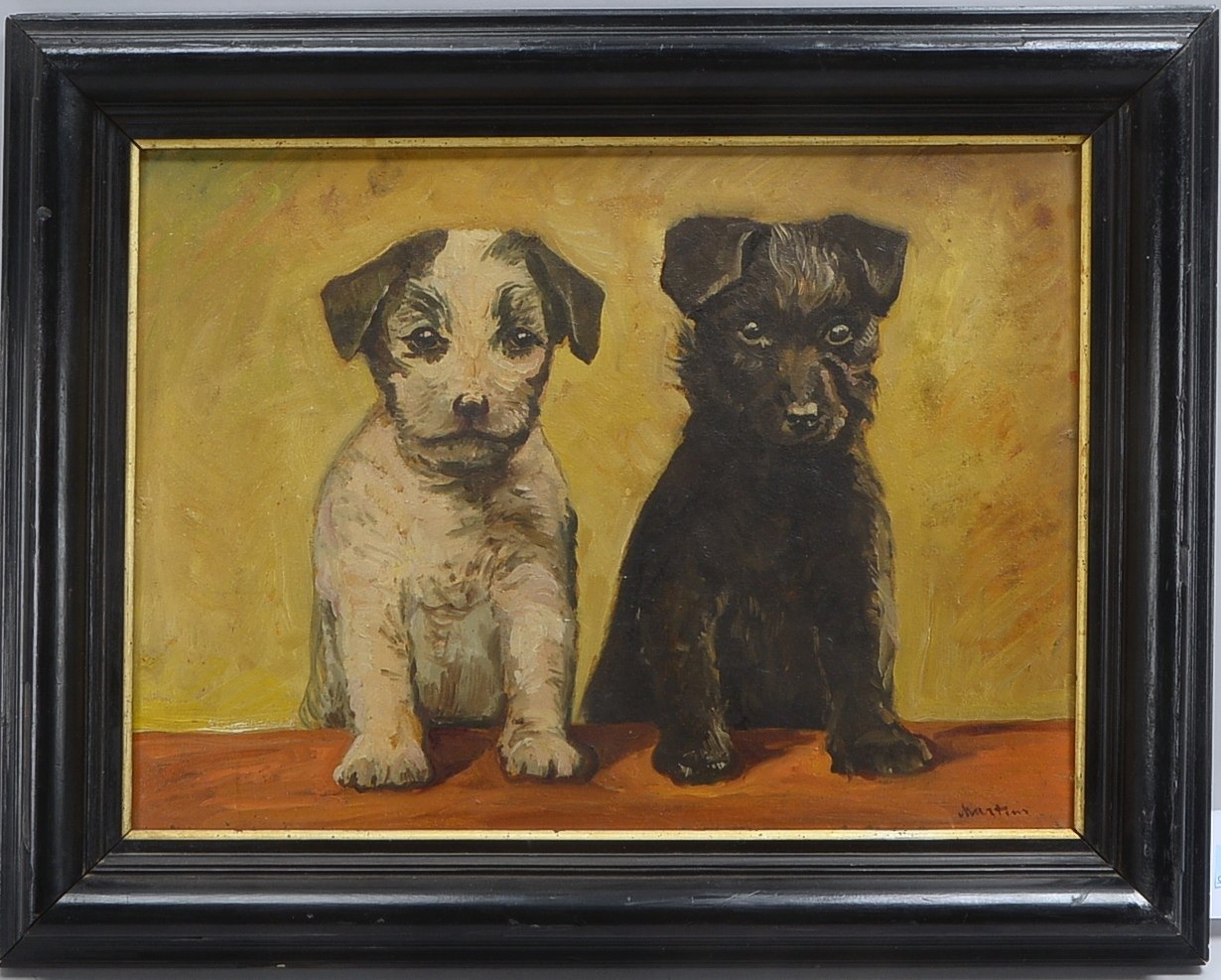 Gemälde, 'Zwei Terrier', Öl auf Holz/gerahmt, unten rechts (nicht eindeutig leserlich) signiert; Bil
