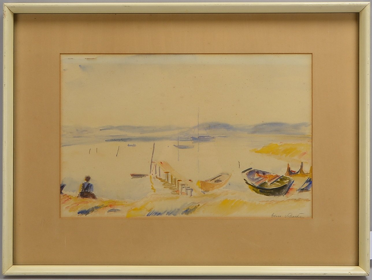 Prof. Schaefer, Edmund (1880 Bremen - 1959 Unterwössen), 'Entspannung am Bootssteg', Aquarell, unten