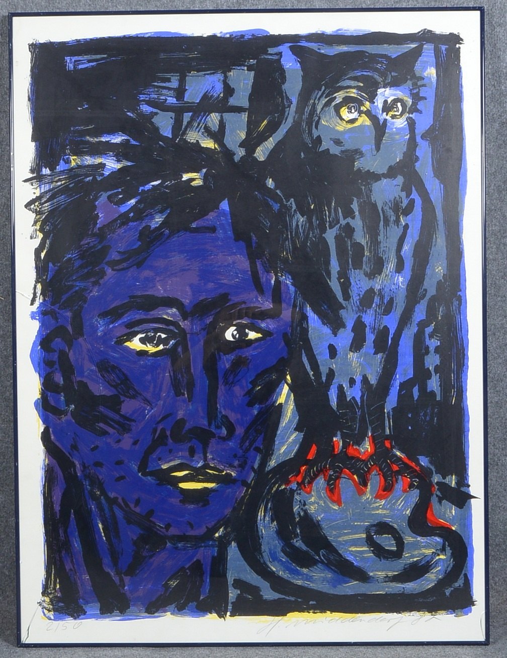 Middendorf, Helmut (*1953 Dinklage, lebt und arbeitet in Berlin), 'Selbst mit Eule', Farbserigrafie,