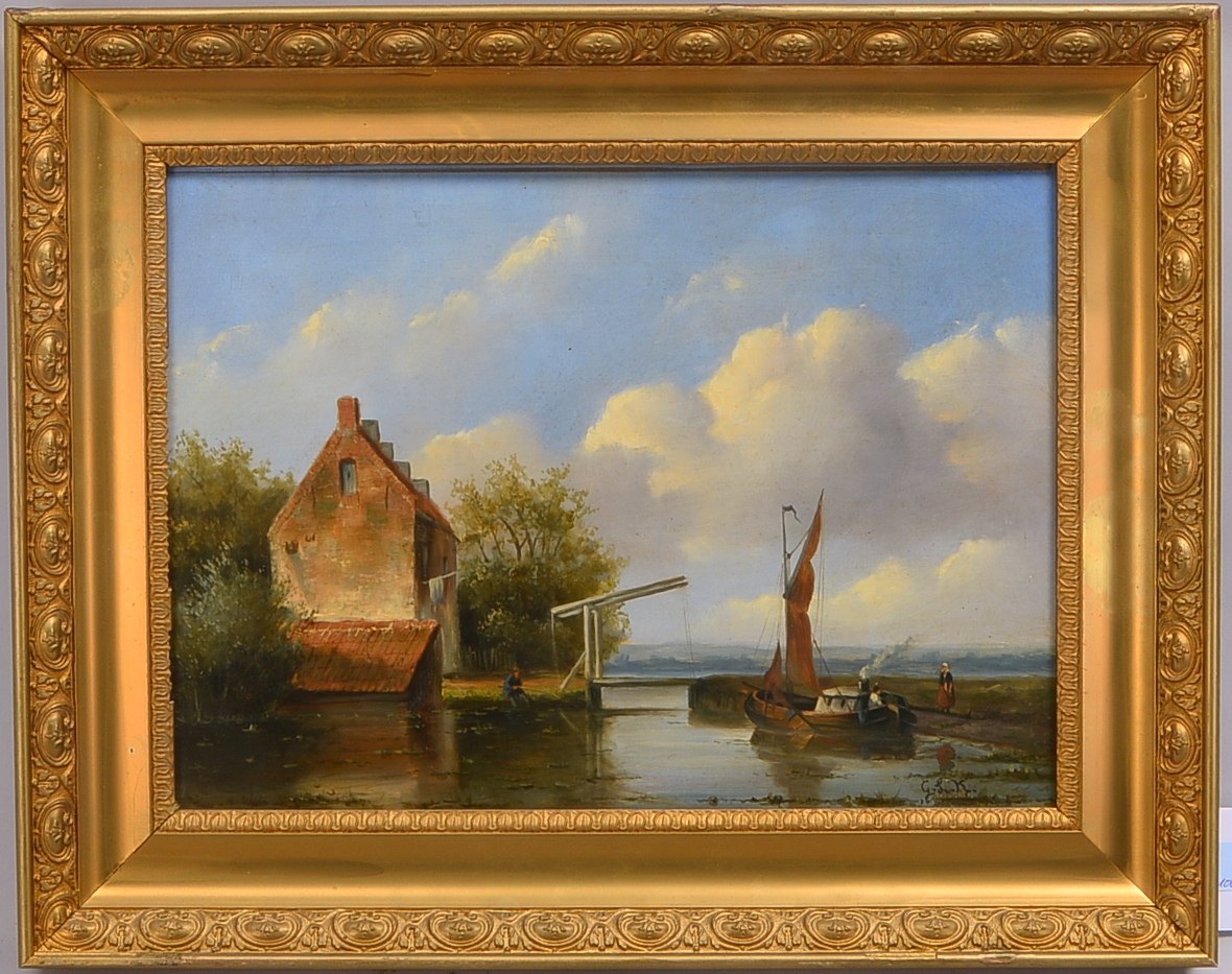 Monogrammist G.L.K., 'Holländische Flussszene mit Zugbrücke und Angler', Öl auf Holzplatte/doubliert