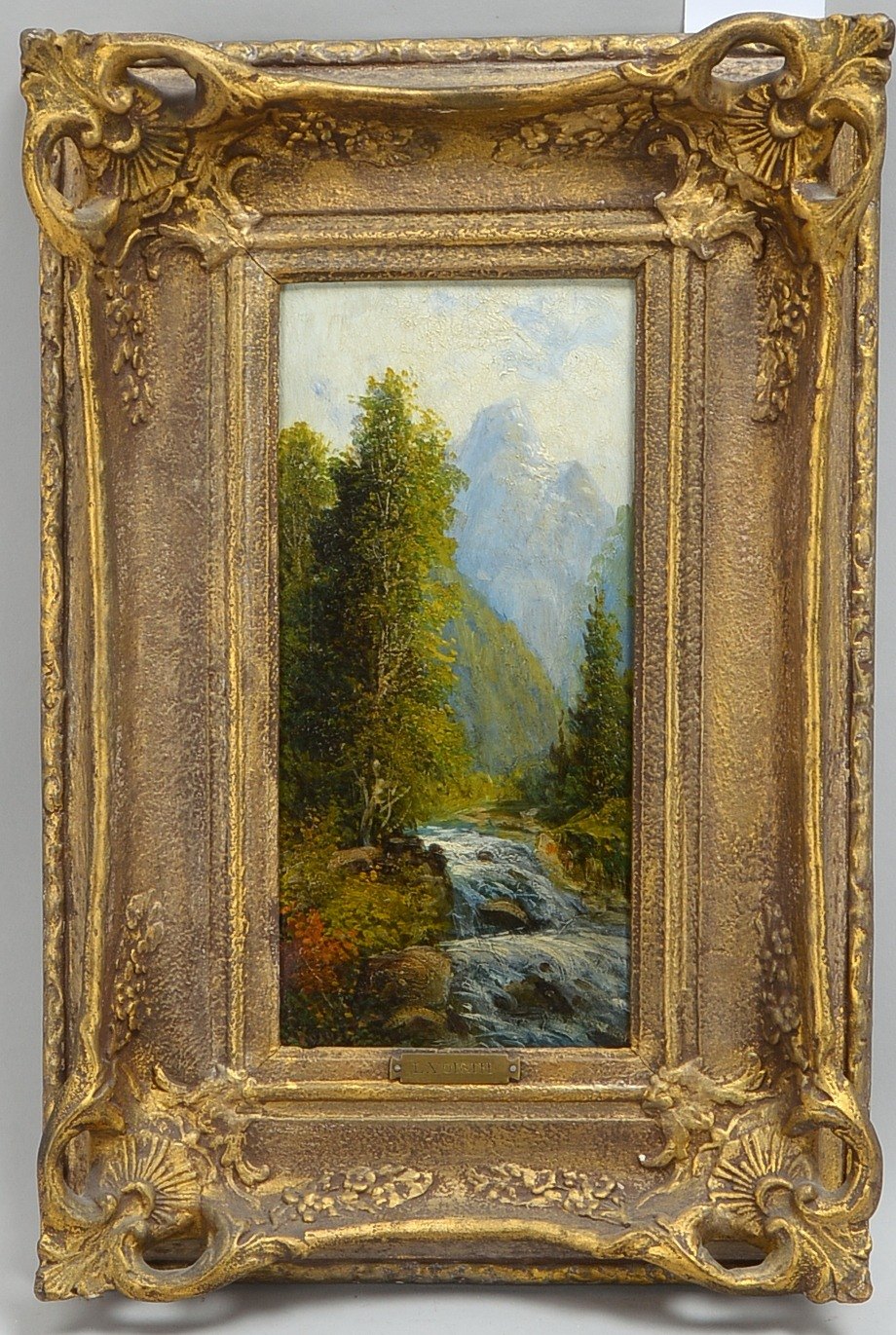 Voigth, L.(-?), 'Wildbach vor Bergkulisse', Öl auf Holzplatte/gerahmt, auf dem Rahmen plakettiert; B