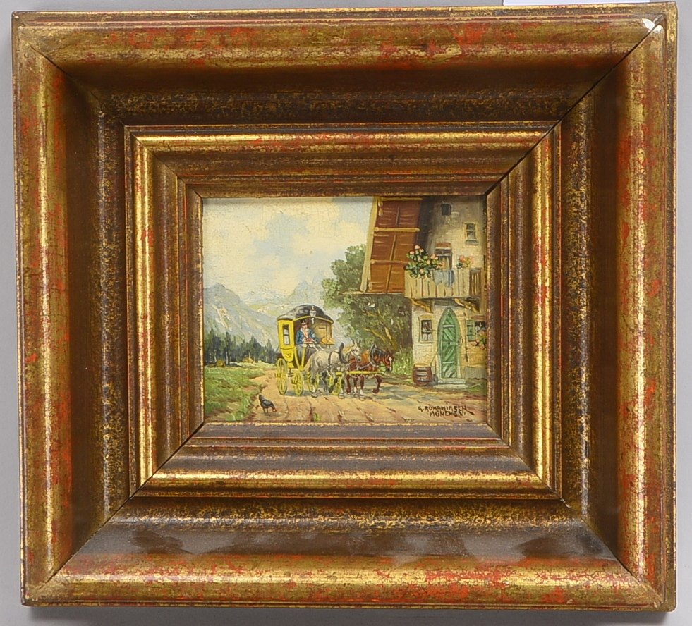 Rohrhirsch, Karl (1875 München - 1954 Greding), 'Postkutsche auf dem Weg', Öl auf Holz/gerahmt, unte