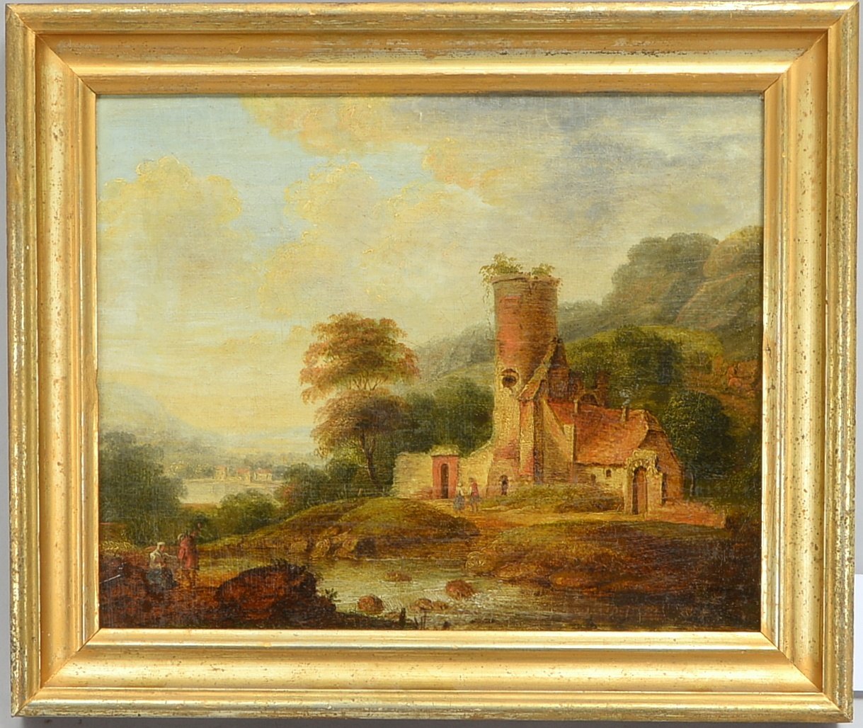 Gemälde (um 1900), 'Weite Landschaft mit Burgruine und Personen', Öl/Lw, doubliert/gerahmt, unsignie
