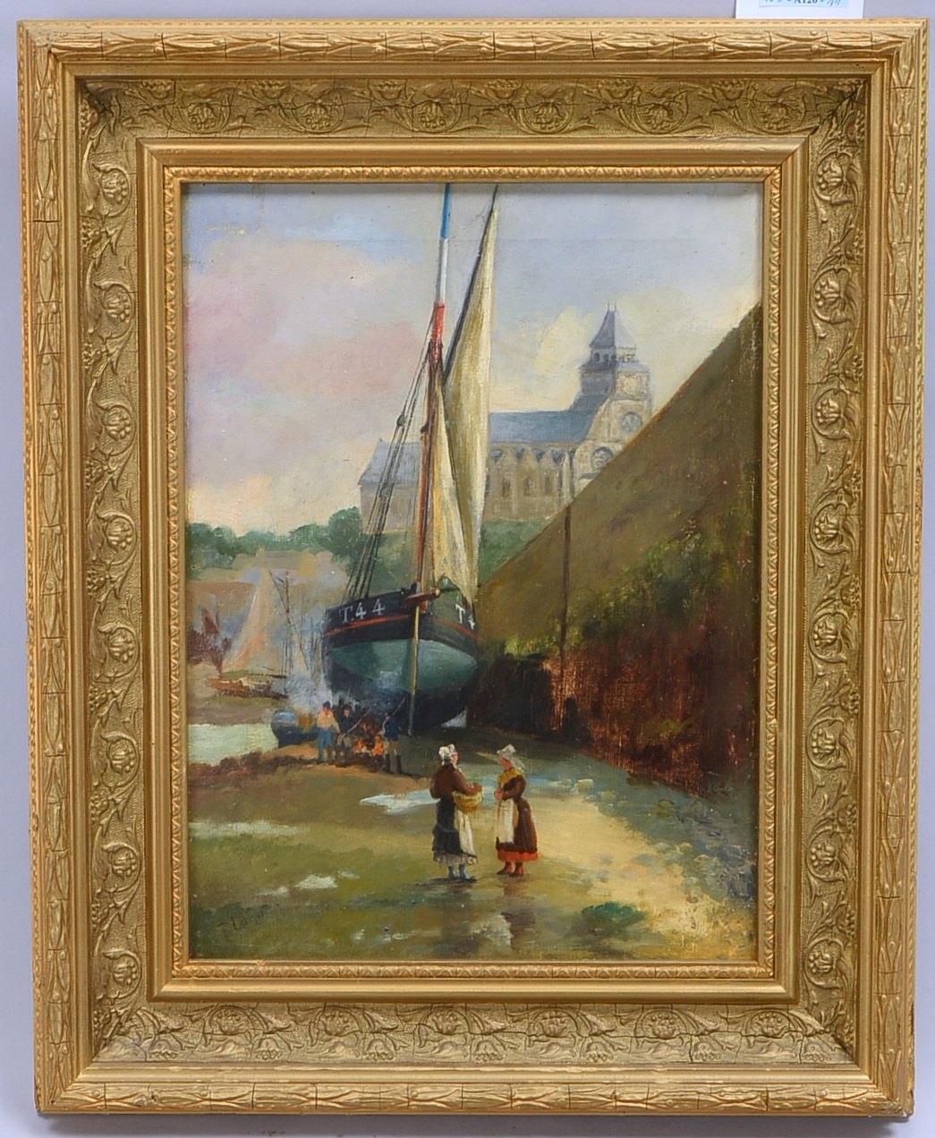 Gemälde (wohl Niederlande, um 1920), 'Hafenszene mit Personen', Öl/Lw, unten links (nicht eindeutig