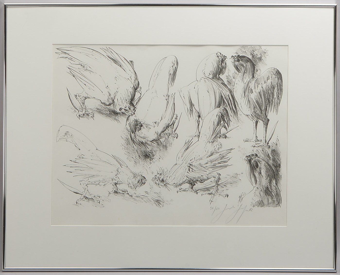 Grass, Günter, Hahnenkampf, Lithografie, sign./dat., hinter Glas; RM 81,5 x 101,5 cm