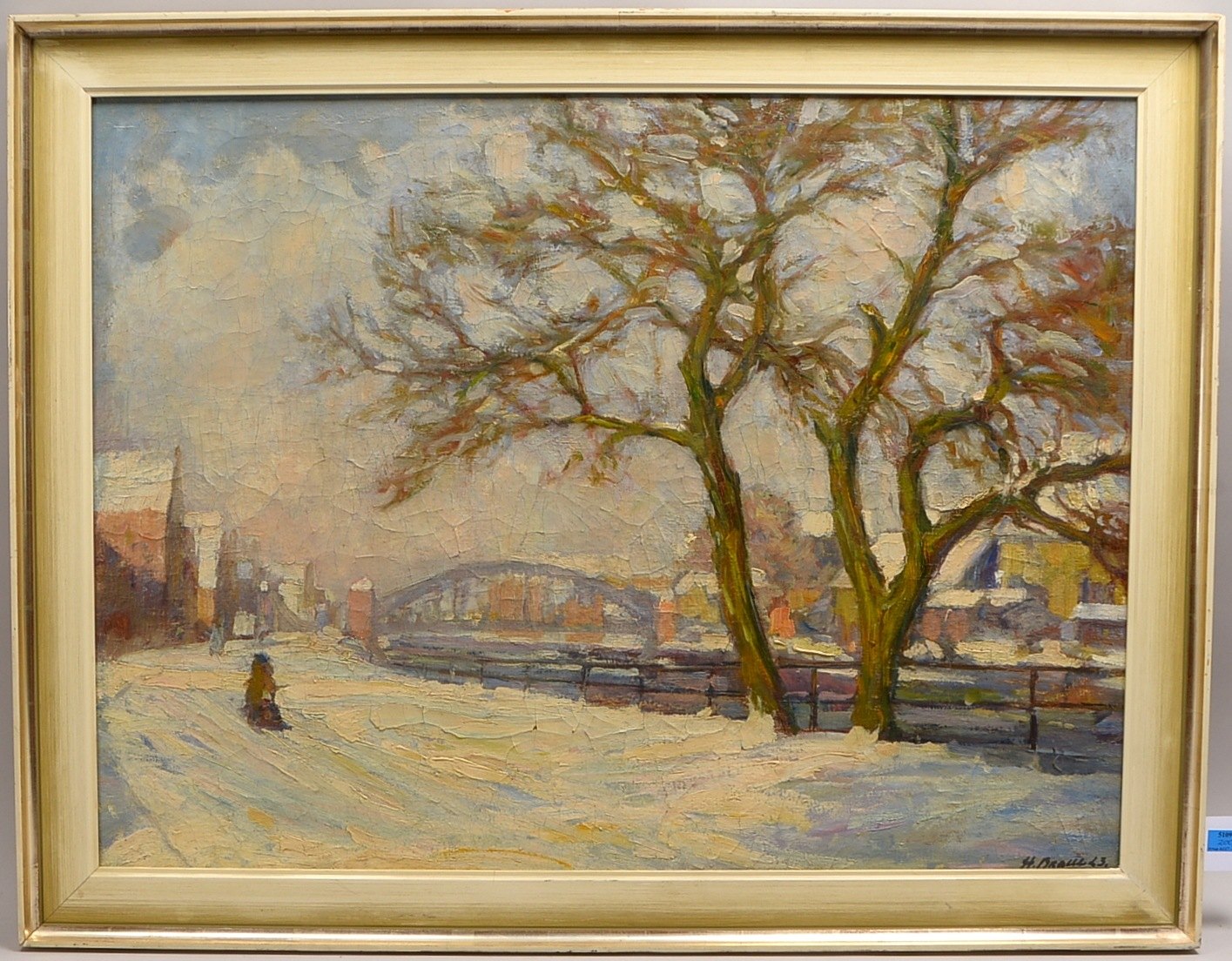 Braue, Hans (1895 - 1943), Verschneites Weserufer in Bremen, sign./dat.; RM 90 x 114 cm